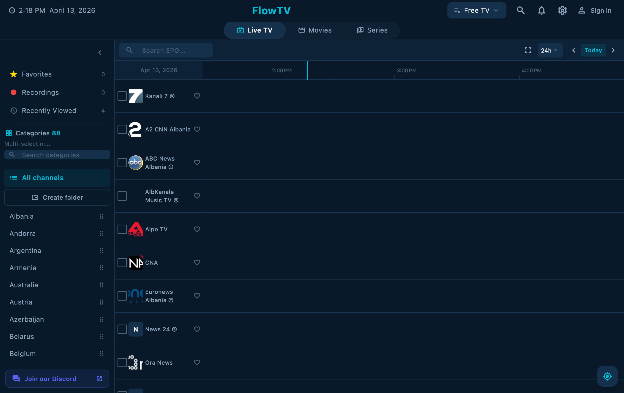 FlowTV Live TV — channels, categories, and EPG timeline